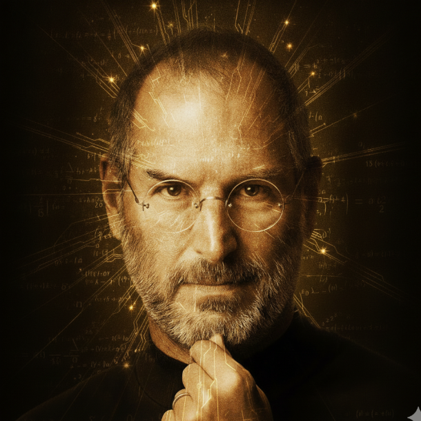 Retrato dourado representando Steve Jobs